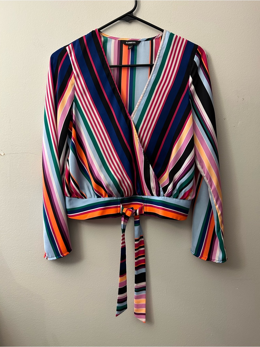 Express Multistripe Tie-Front V-Neck Blouse - Blue, Pink, Green, Orange, Black